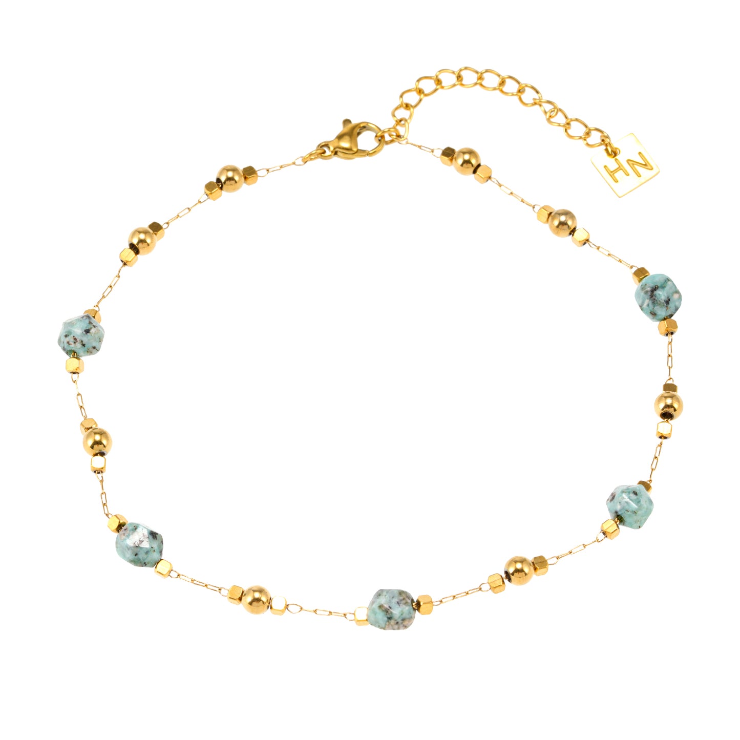 Style GIROC 9595: Link-Chain, Gold Beads &amp; African Turquoise Natural Stones Anklet.