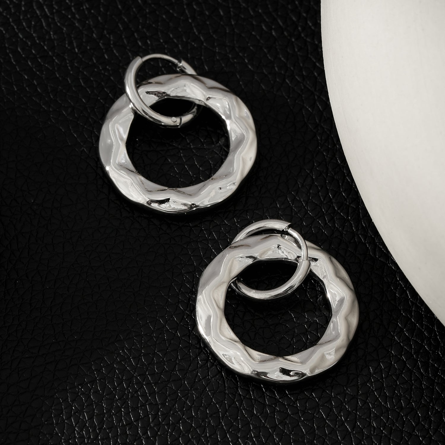 ELENA: Sculpted Texture Silver Toned (White Gold) Hoop Earrings