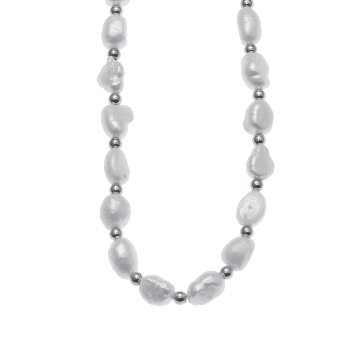 ELISA: Fresh Water Pearls & White Gold (Silver Toned) Beaded Chain Necklace