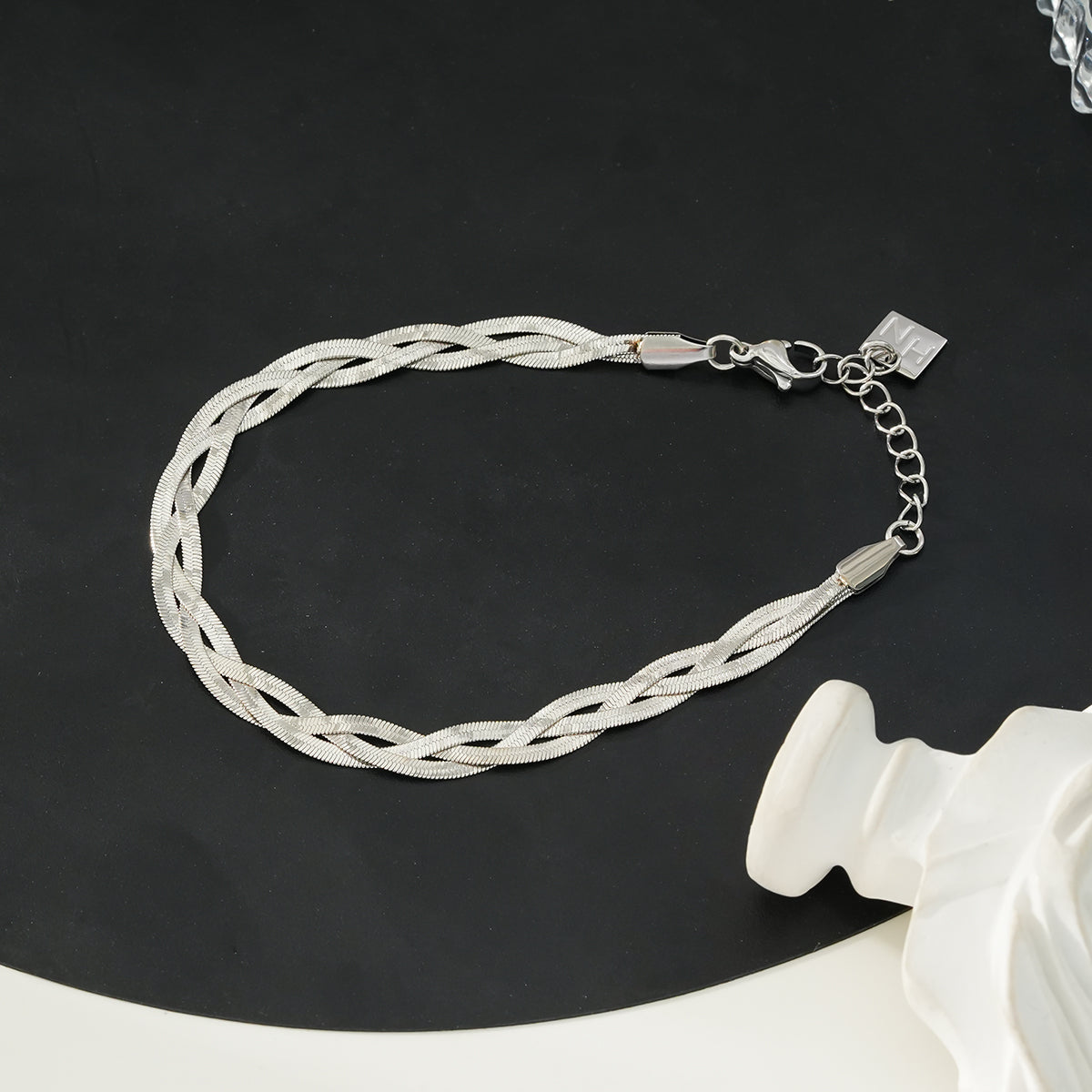 ELLA White Gold (Silver Toned): Intertwined Herringbone Snake Skin Textured Bracelet