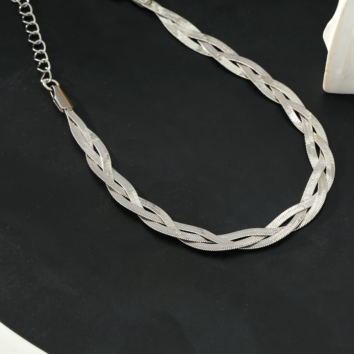 ELLA White Gold (Silver Toned): Intertwined Herringbone Snake Skin Textured Bracelet