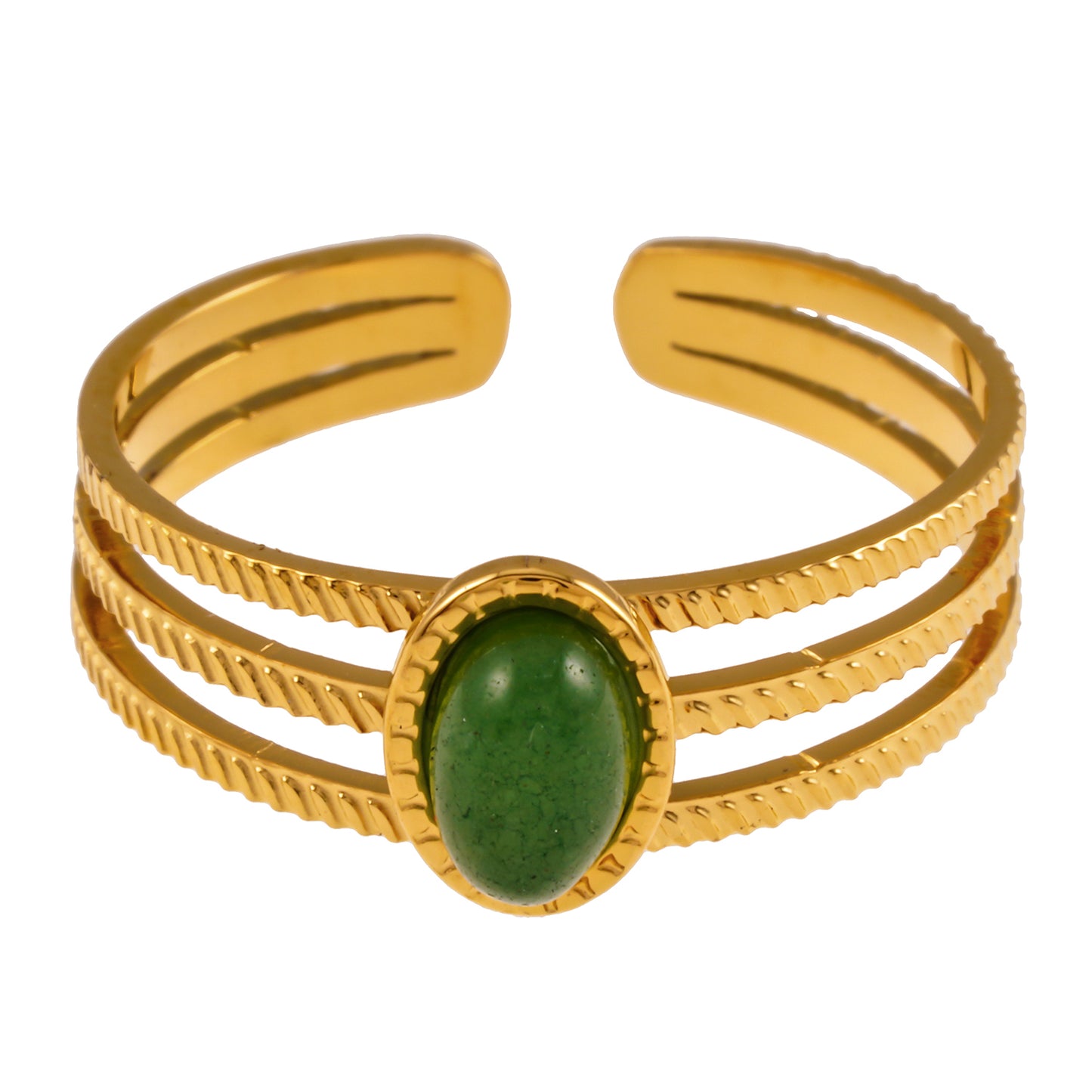 ELMARIE: Triple Banded Textured Ring Green Aventurine Stone Centre Piece