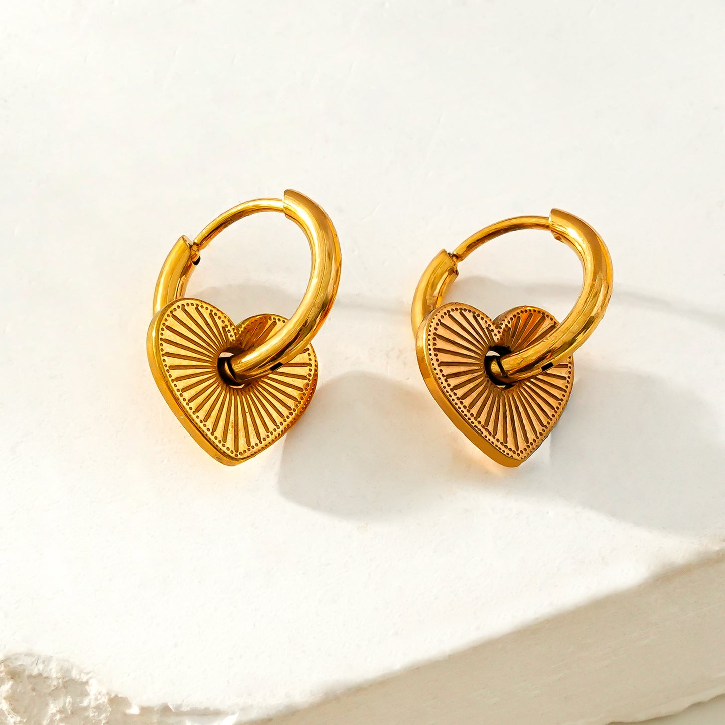 Romantic Heart Charm Hoop Earrings – A Symbol of Everlasting Love. Style ENDEAR in Gold