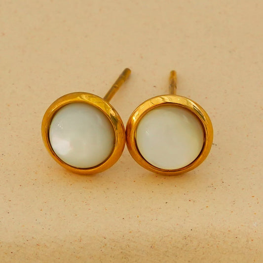 ENFIELD: Gold Rimmed Natural Shell Round Stud Earrings