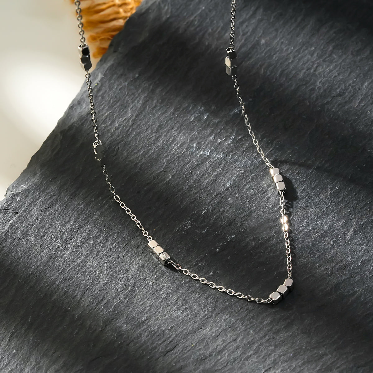 ERISSA: Trio Square-Beads Dainty Chain Necklace in White Gold (Silver Toned)