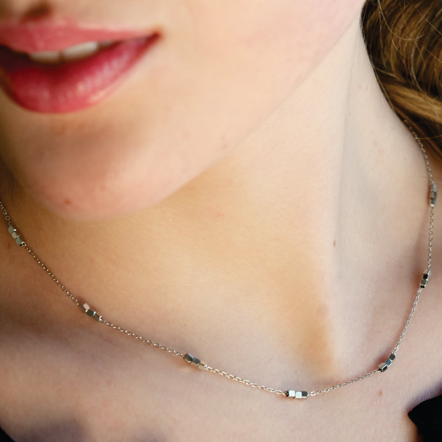 ERISSA: Trio Square-Beads Dainty Chain Necklace in White Gold (Silver Toned)