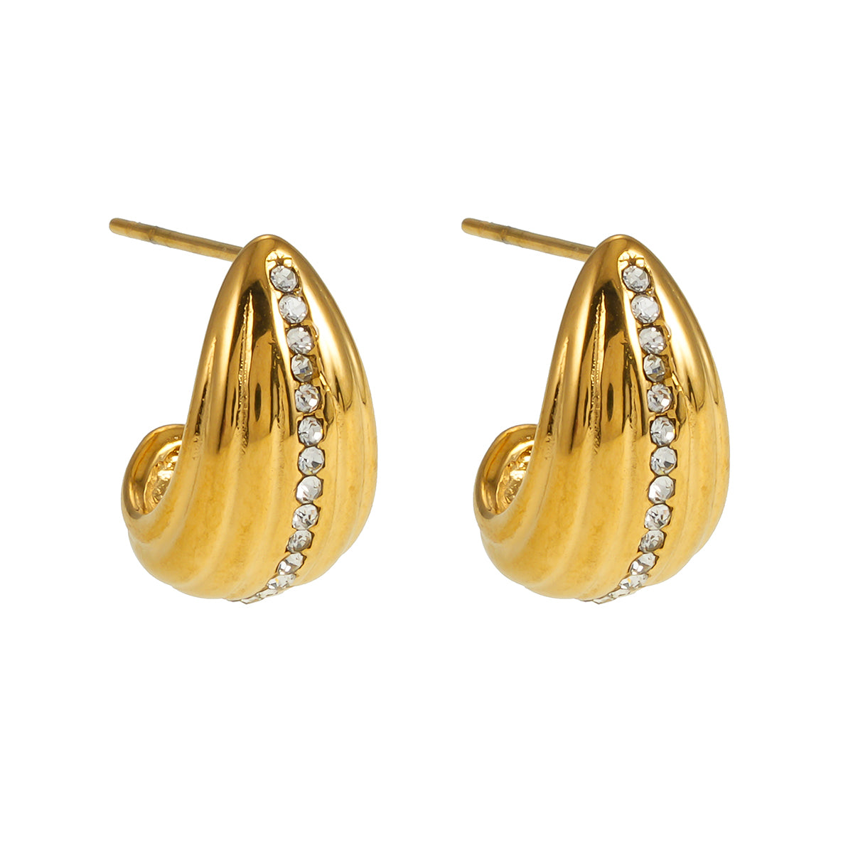 FERNDALE Gold: Stud Earrings with Textured Lines Highlighted with  a Pavé Zirconia (CZ) Middle Row