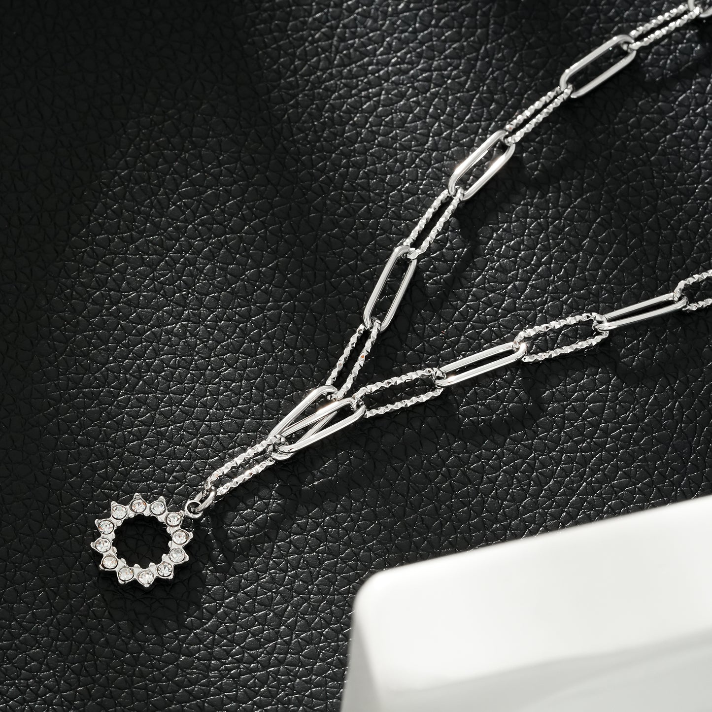 FREETA: Radiant Star Shaped Pendant Zirconia Paper-Clip Chain Necklace in White Gold (Silver Toned)