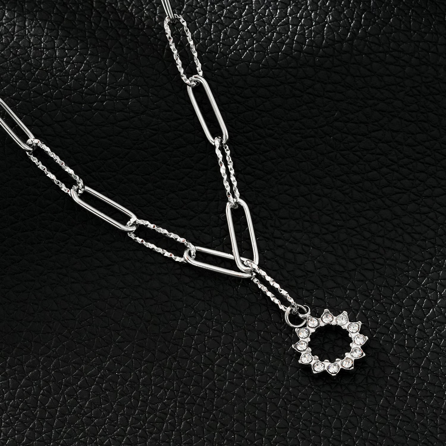 FREETA: Radiant Star Shaped Pendant Zirconia Paper-Clip Chain Necklace in White Gold (Silver Toned)