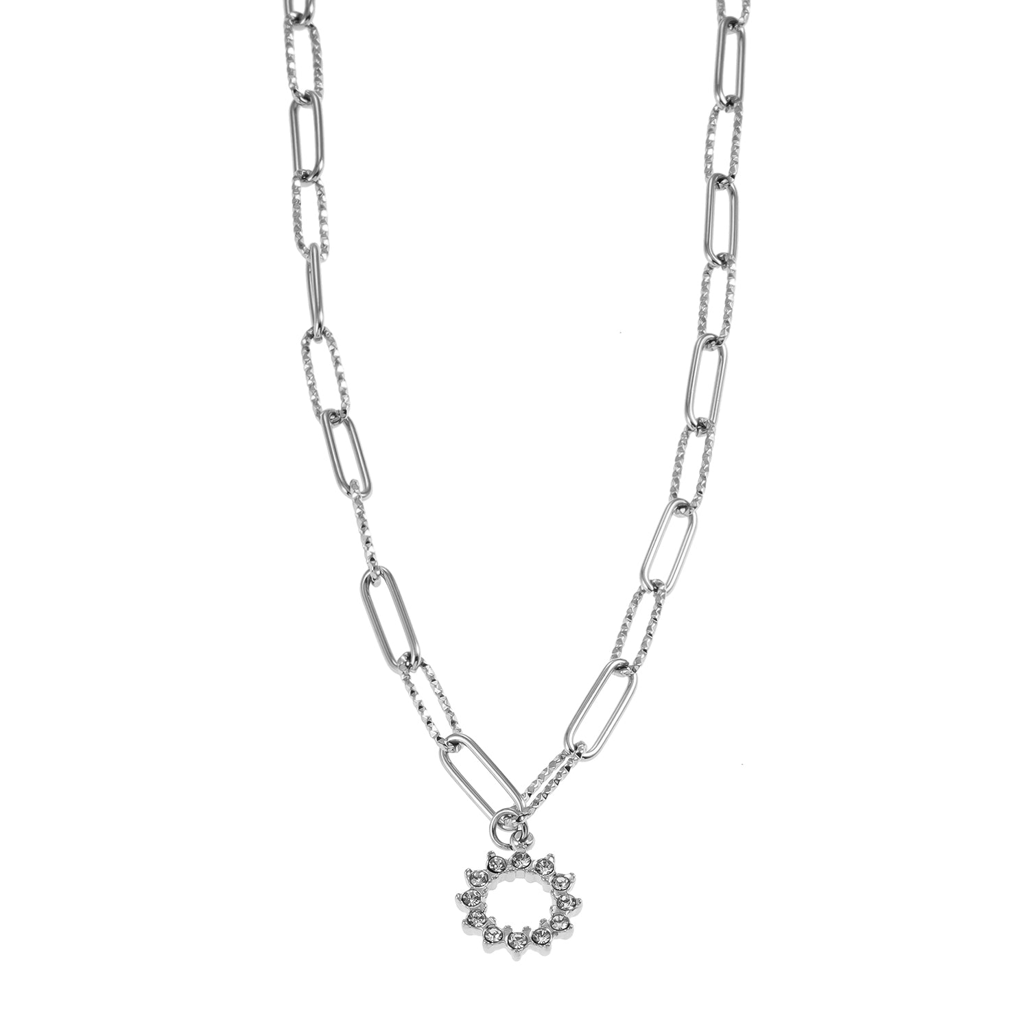 FREETA: Radiant Star Shaped Pendant Zirconia Paper-Clip Chain Necklace in White Gold (Silver Toned)