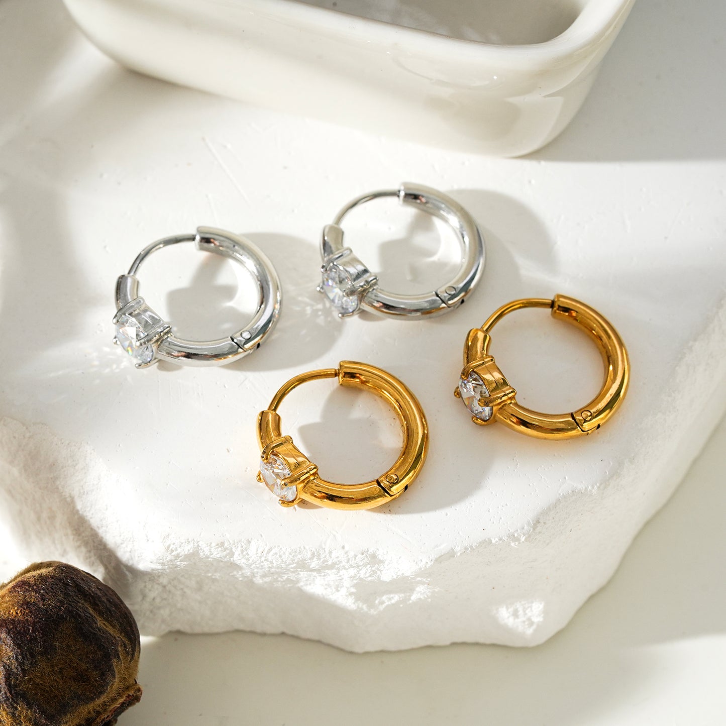 Style GALENA: Mini Hoop Gold Earrings with a Moissanite Stone