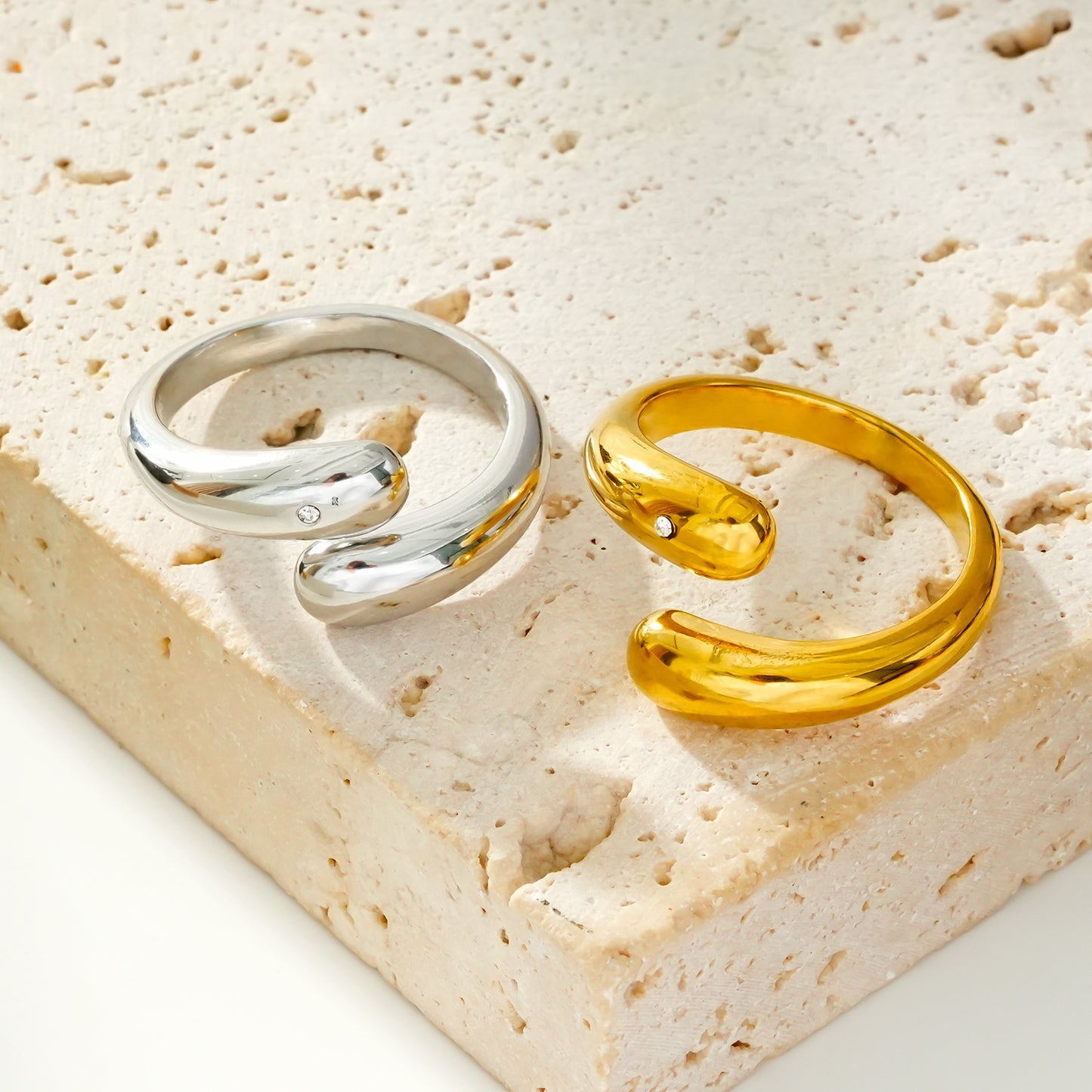 GARUVA: Modern Abstract Gold & Silver Rings with Solitaire Zirconia Gemstone