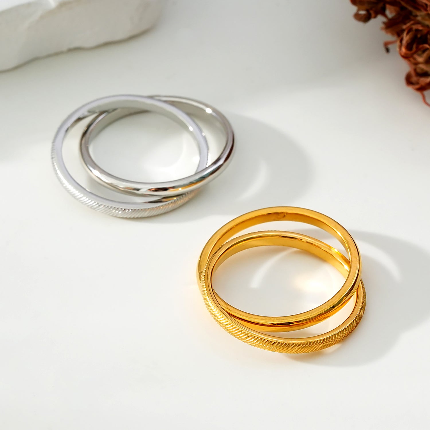 GILBERT: Double Banded Interconnected Stack Ring in Gold & Silver