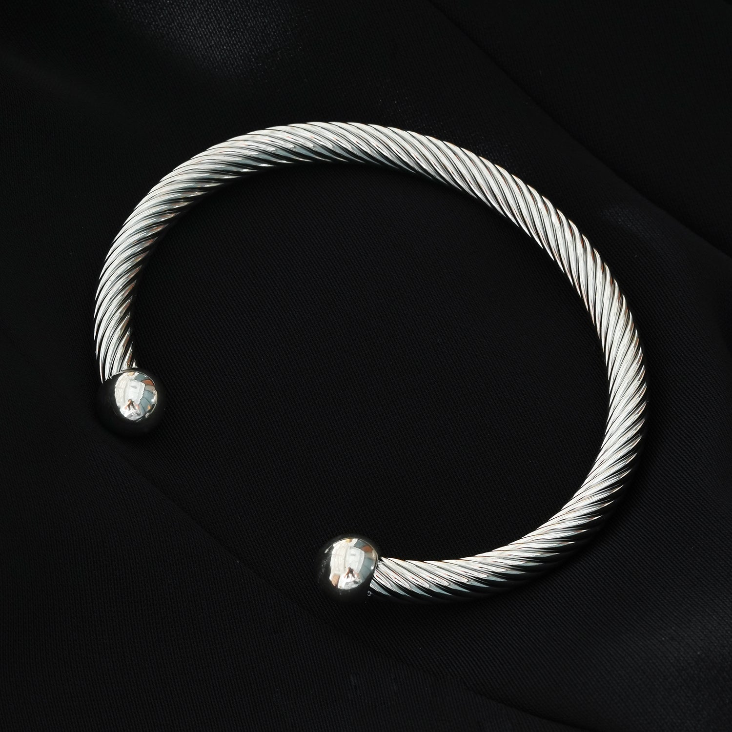 GOCHAR: Contemporary Elegance - White Gold ( Silver Toned) Bracelet with Surface Lines & Ball Bead Accents