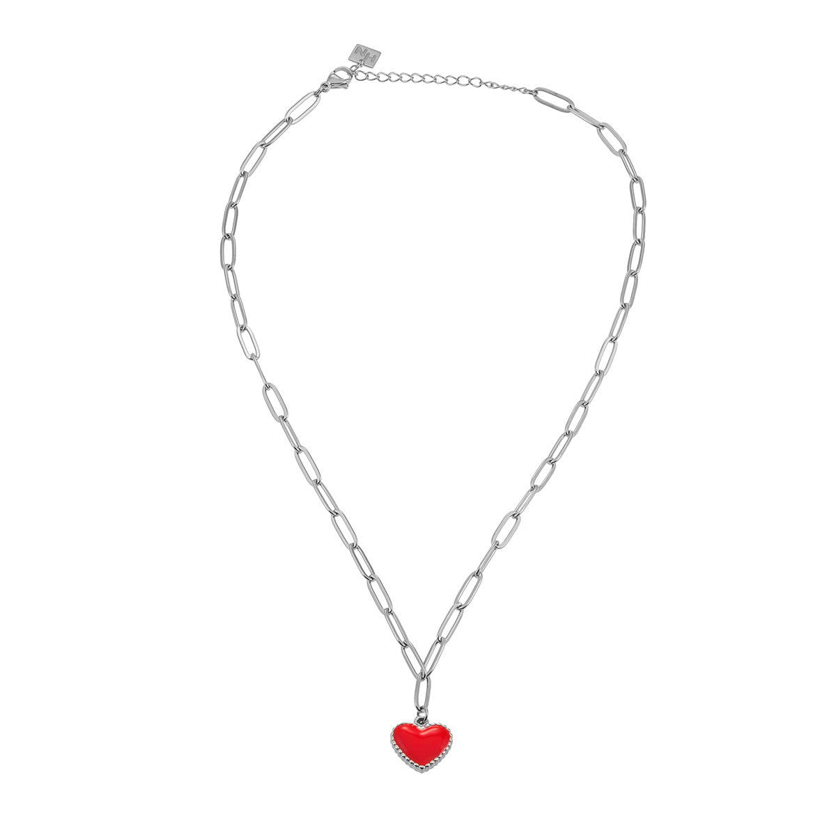 Style HEART ROUGE: Paper Clip Chain Anchoring an Enameled Heart Charm in Silver