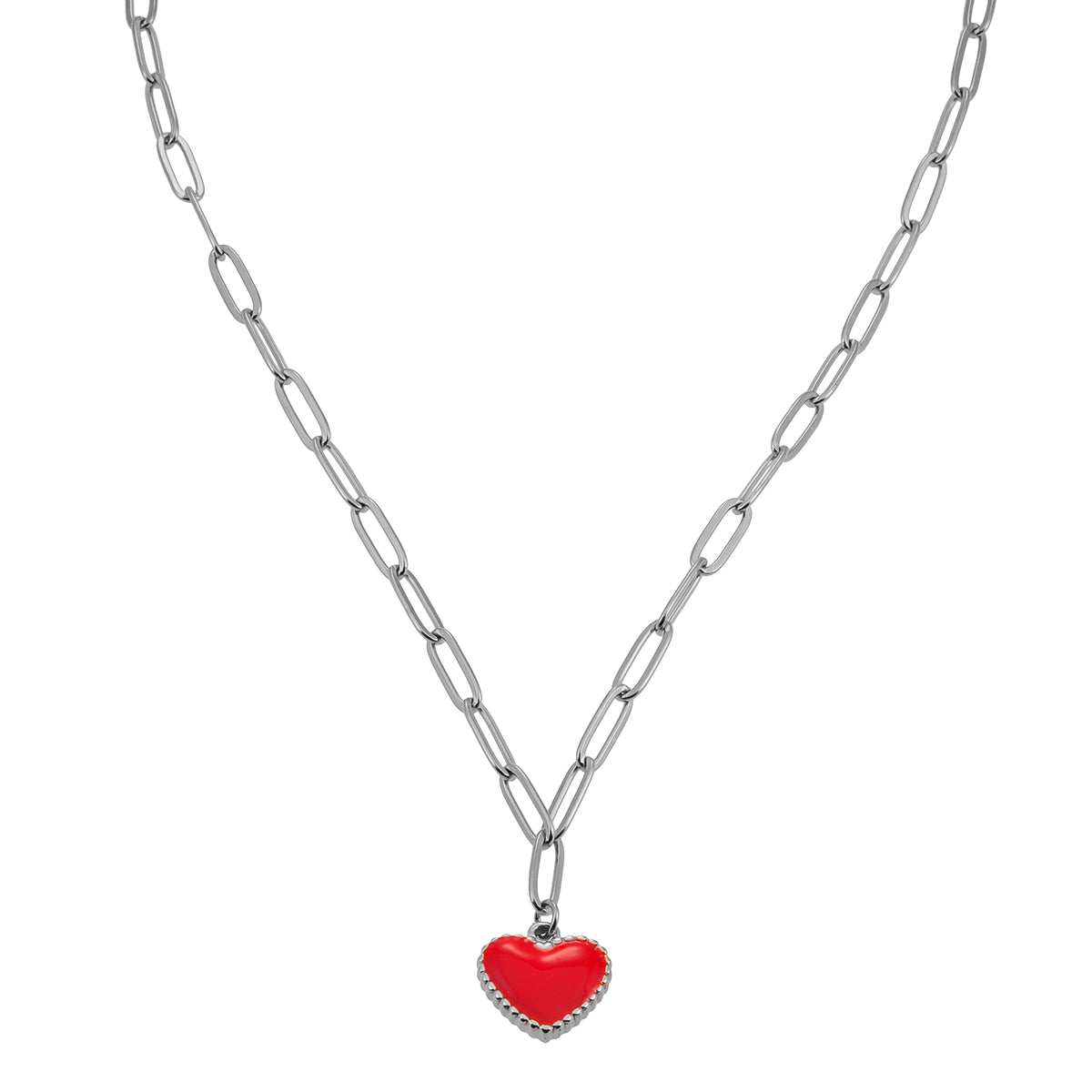 Style HEART ROUGE: Paper Clip Chain Anchoring an Enameled Heart Charm in Silver