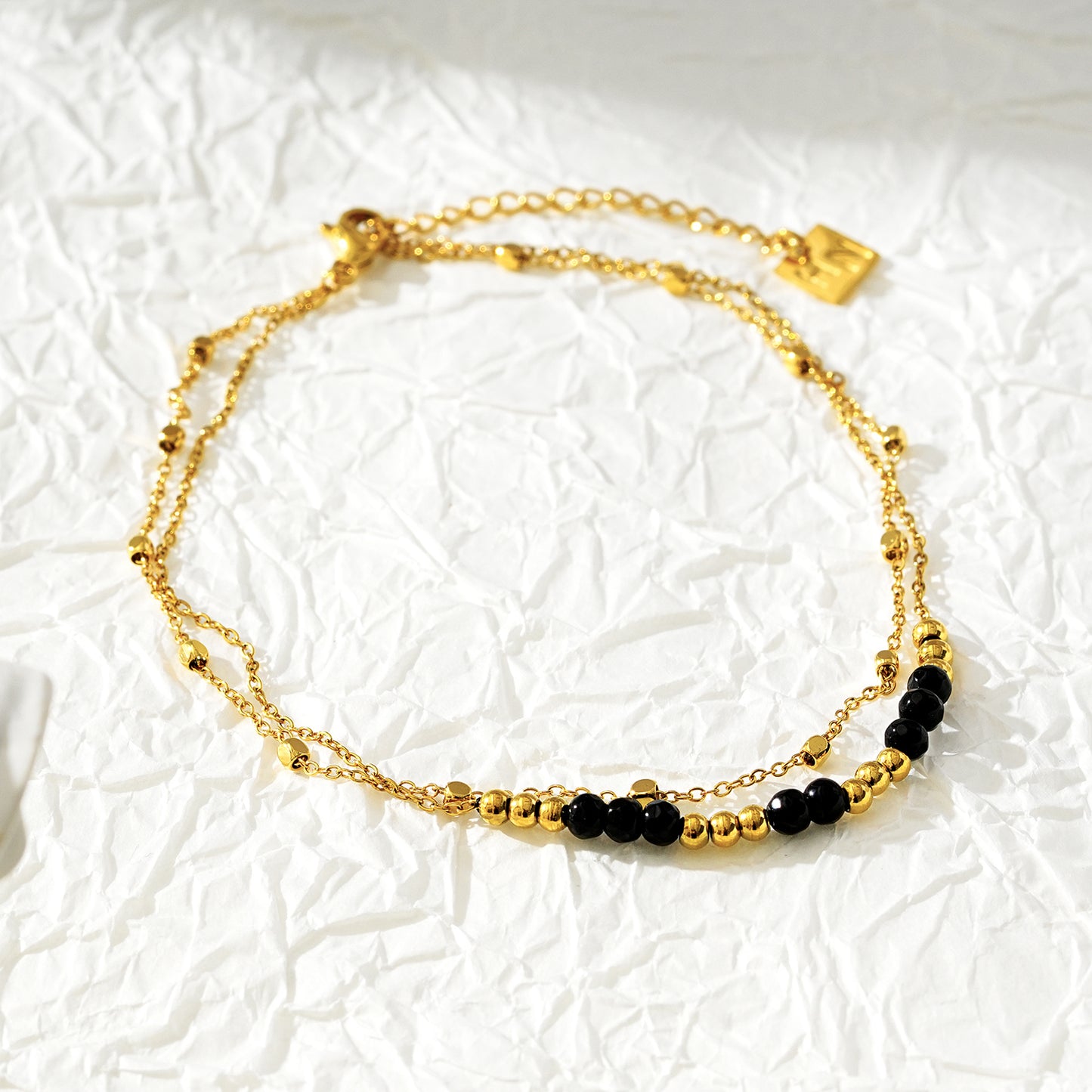 Style HILDA LG 5954: Two in One Square Beads &amp; Round Beads in Black &amp; Gold Anklet.