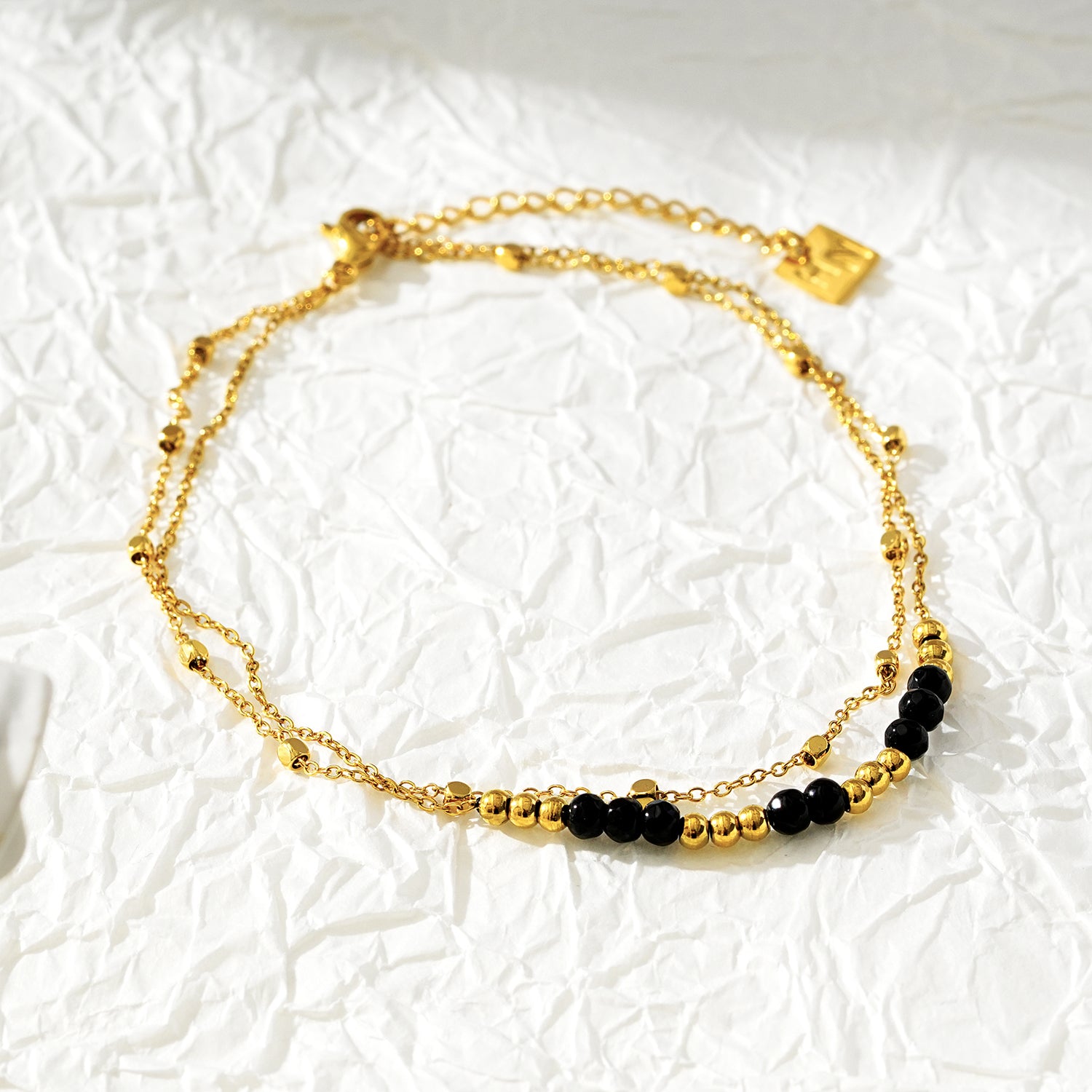 Style HILDA LG 5954: Two in One Square Beads &amp; Round Beads in Black &amp; Gold Anklet.