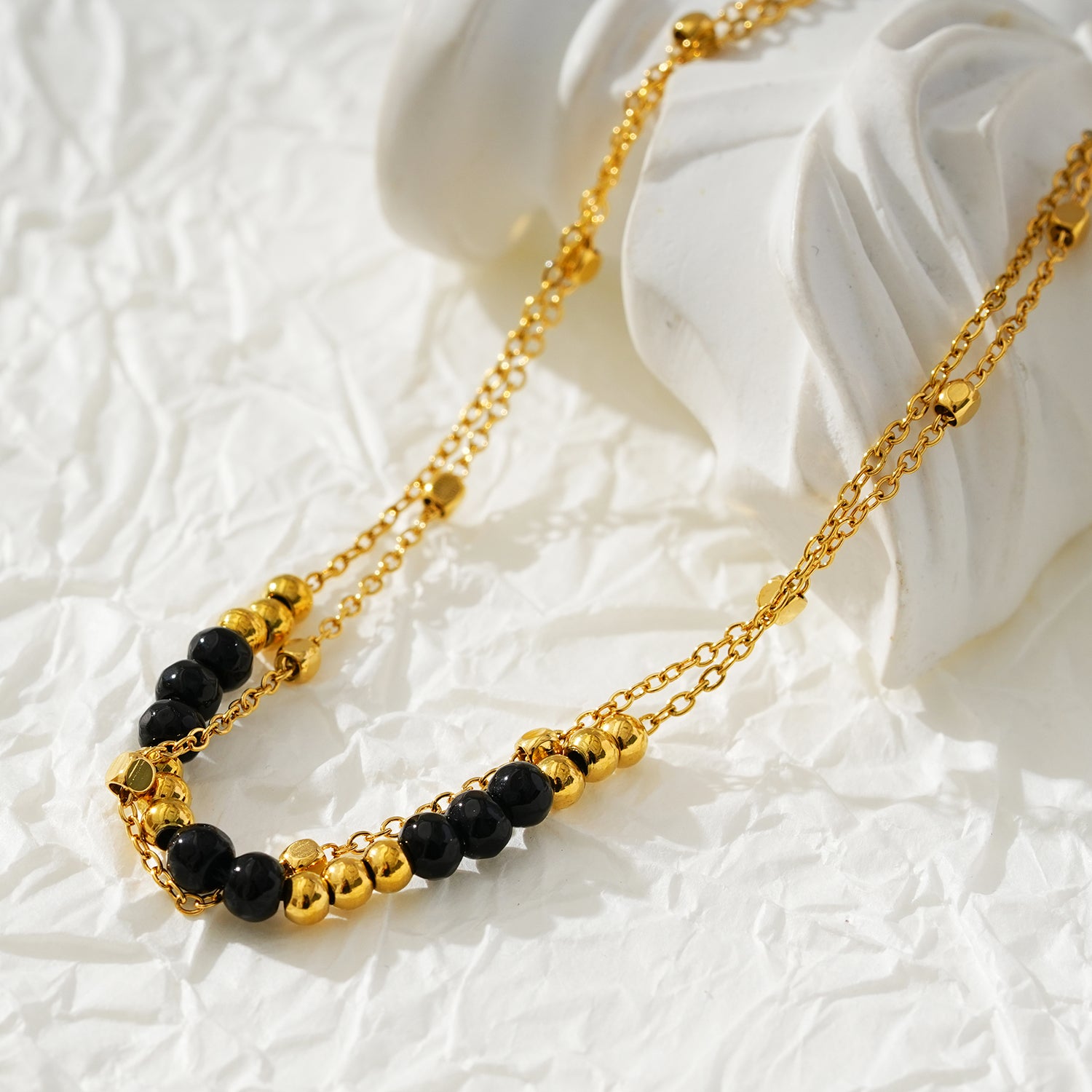 Style HILDA LG 5954: Two in One Square Beads &amp; Round Beads in Black &amp; Gold Anklet.