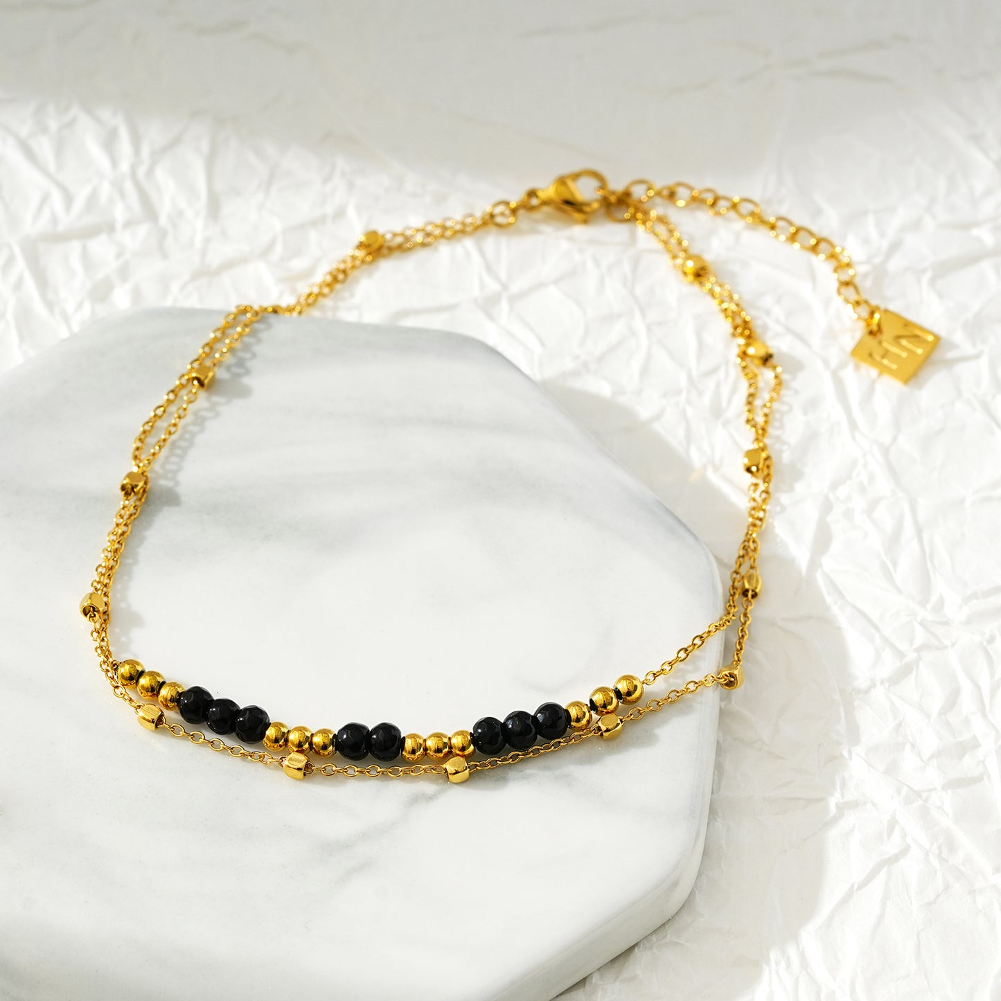 Style HILDA LG 5954: Two in One Square Beads &amp; Round Beads in Black &amp; Gold Anklet.