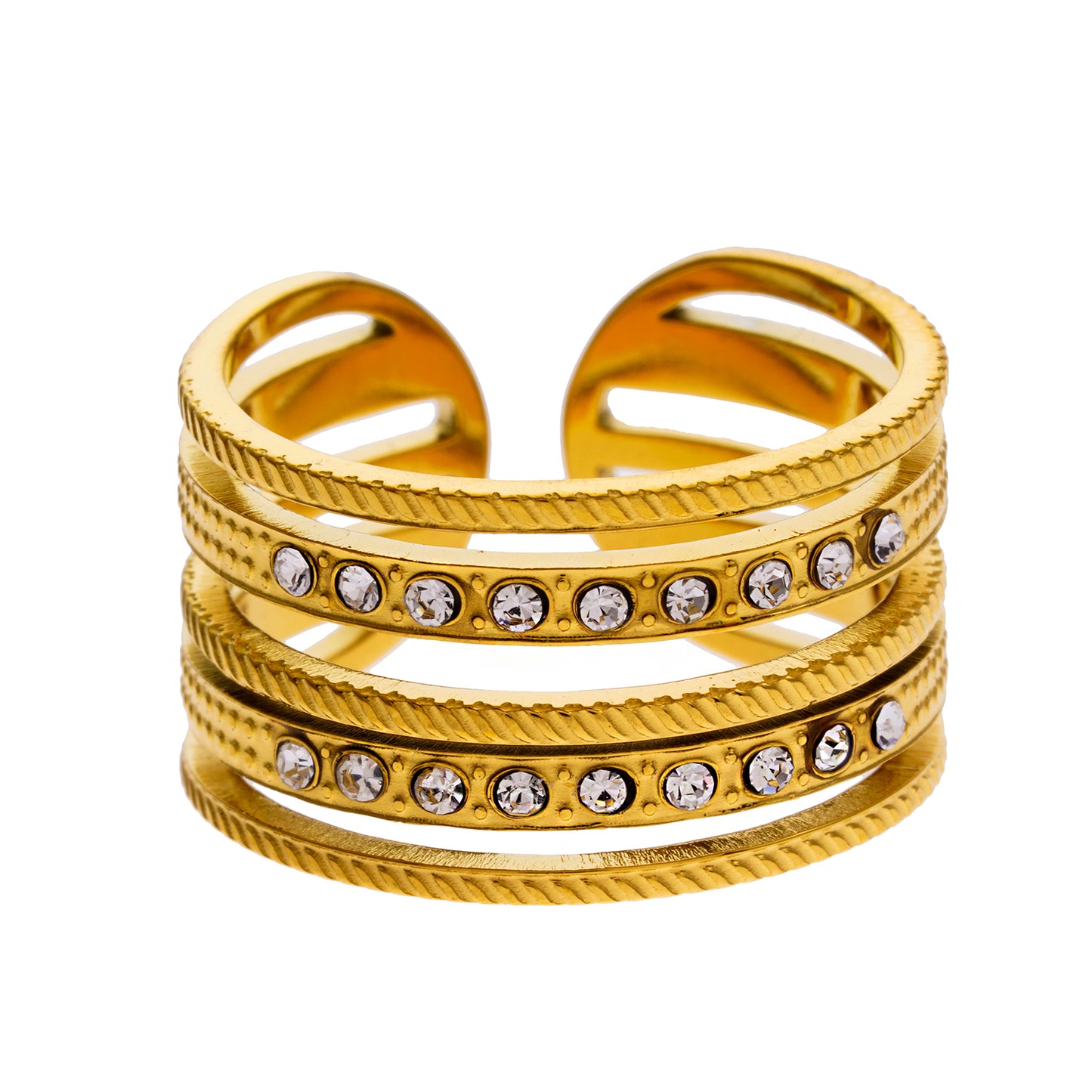 Style ISADORA: Multi Stacked Zirconia Embedded Textured Ring.