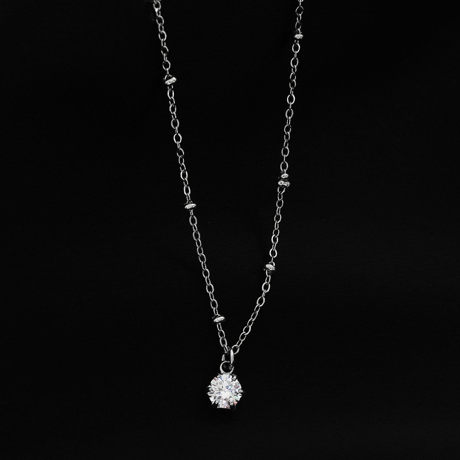 Style KADIRI Silver:  Solitaire Zirconia Charm Pendant on a Beaded Chain Necklace