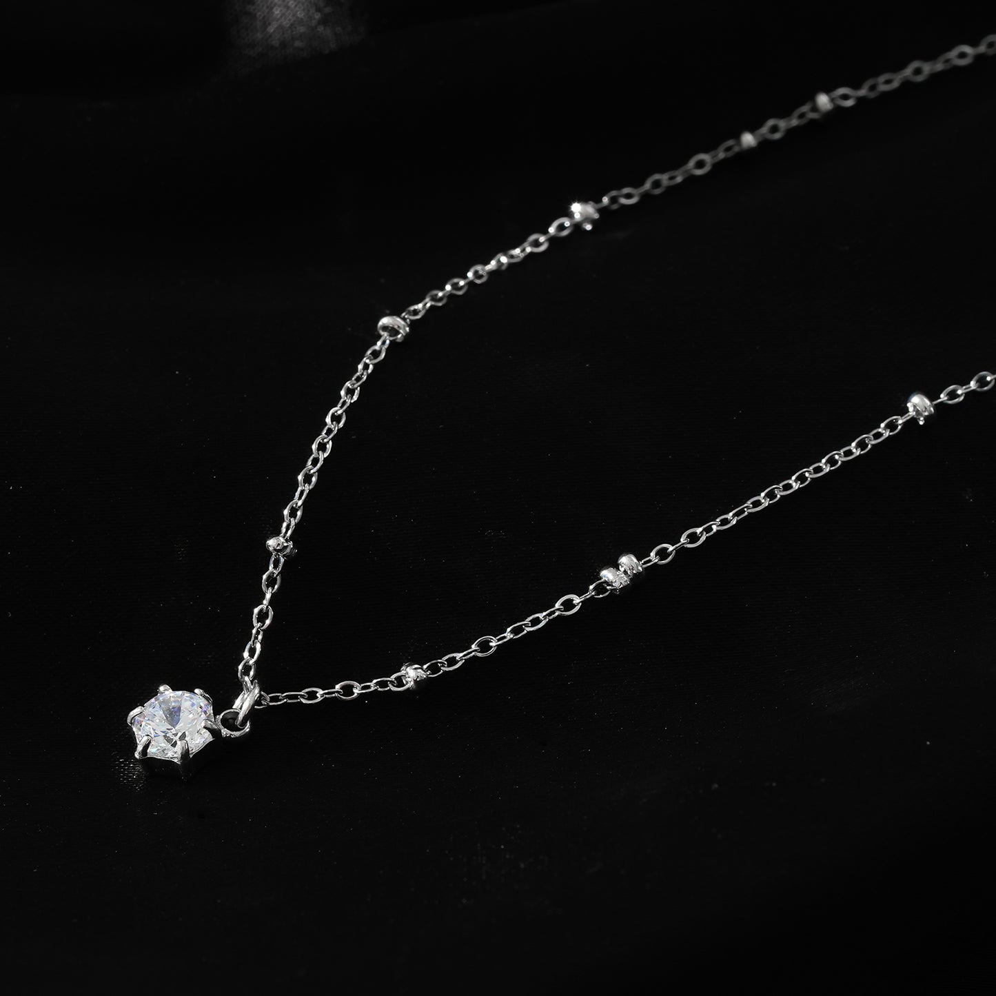 Style KADIRI Silver:  Solitaire Zirconia Charm Pendant on a Beaded Chain Necklace