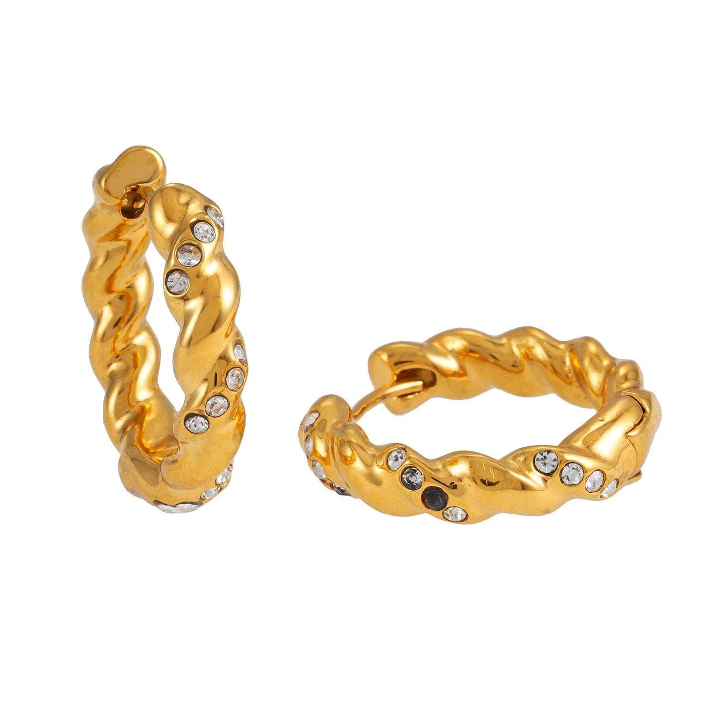 Style KAMENZ 50178: Twisted Textured Hoop Earrings with Zirconia Embellishments.
