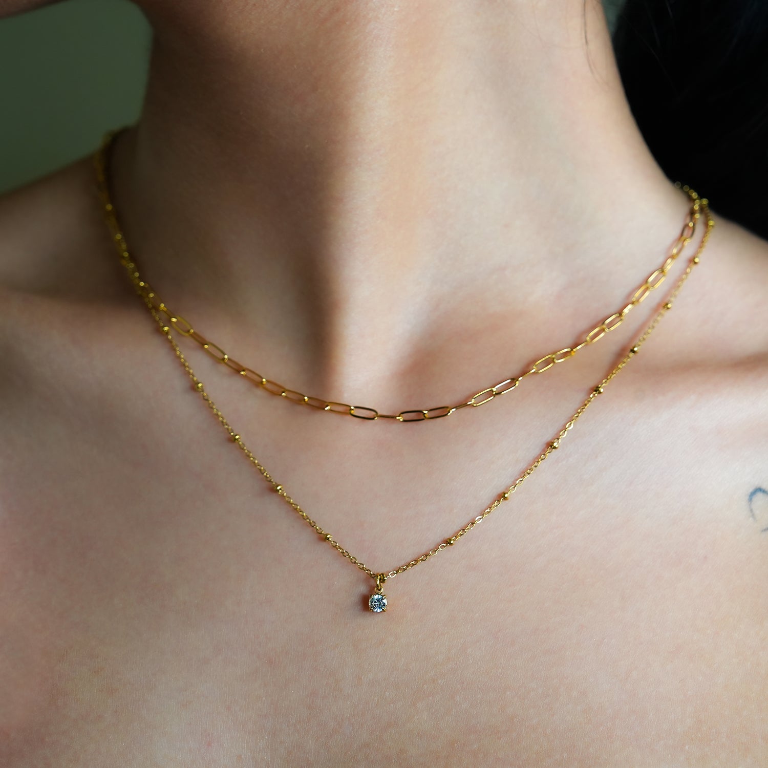 hackney-nine | hackneynine | Style KATERI 52205G Gold: Pre-Layered Chains Necklace with a Solitaire Zirconia Charm Pendant