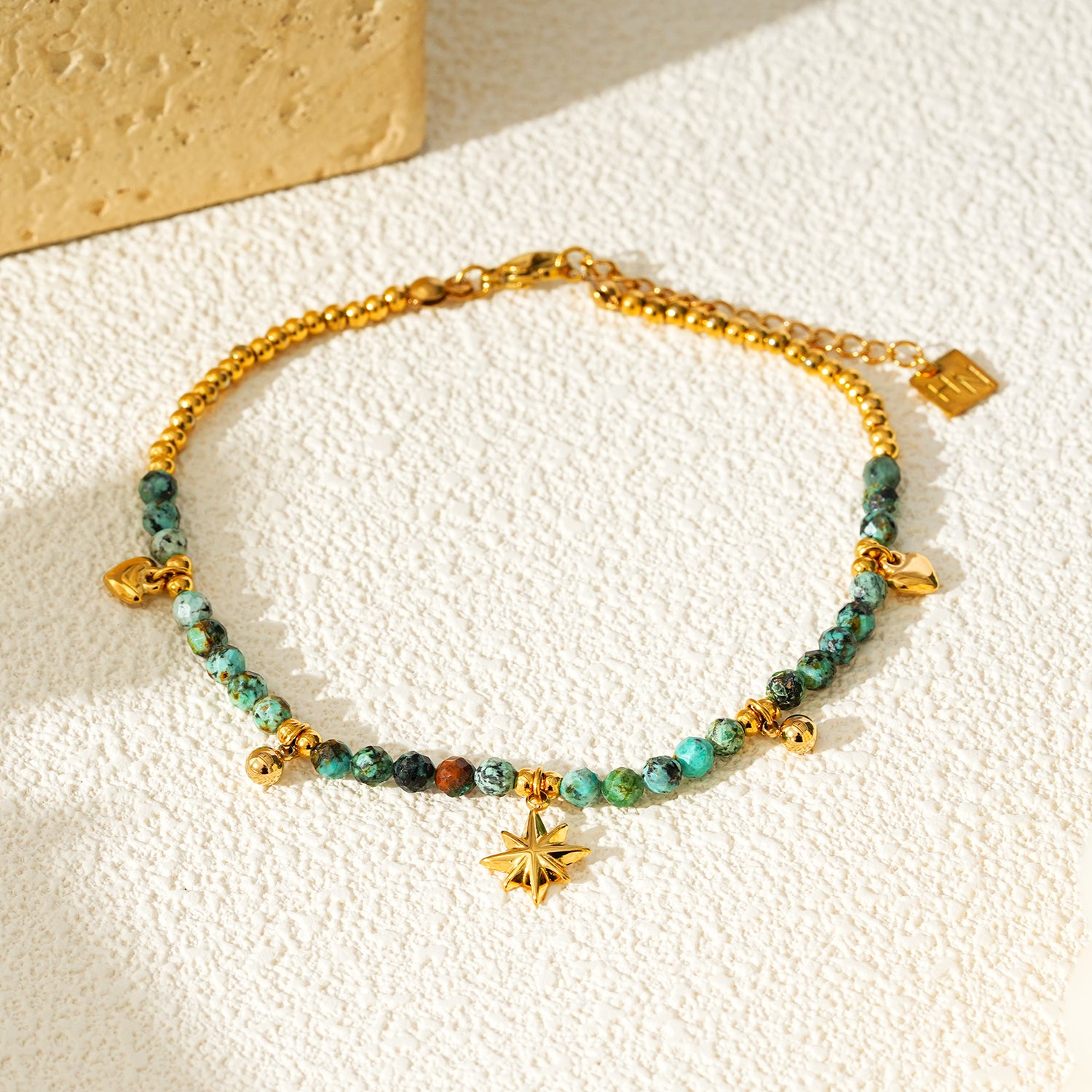 KAVYA LG Blue Turquoise Stones with Gold Beads Charms Chain Anklet