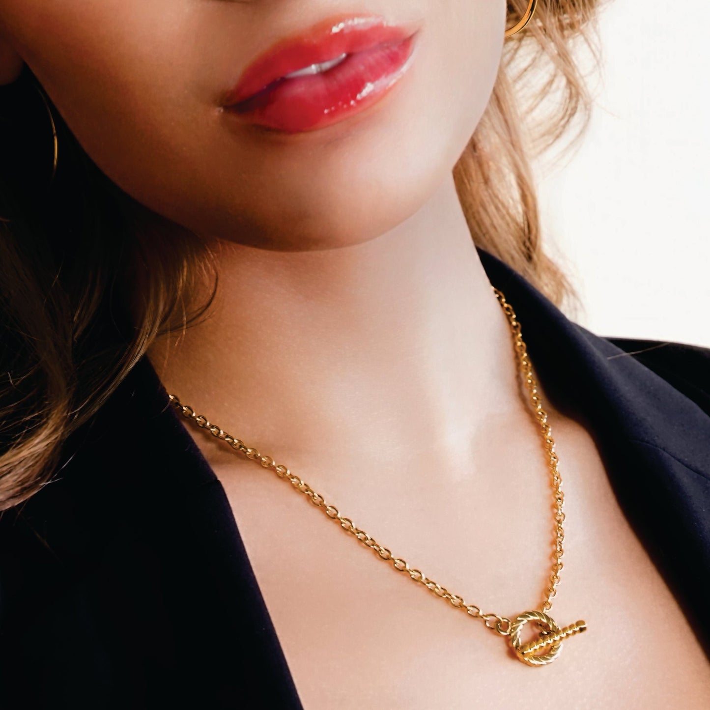 KETCHIGAN:  Classic Chain with Textured T-Bar & Ring Pendant Gold Necklace