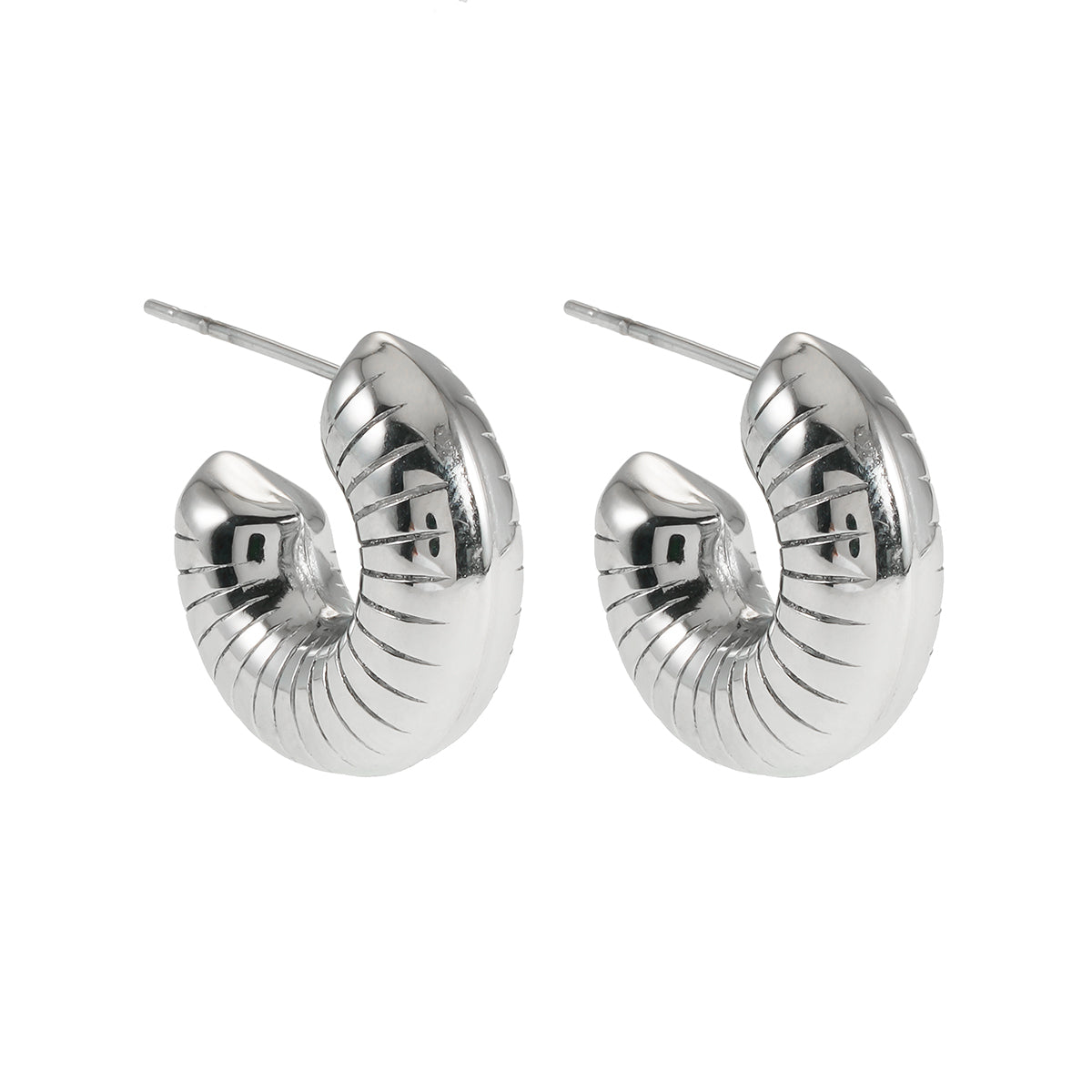 KOTOHIRA: Hollow Chunky-Look Textured Surface Tube Hoop Earrings in Silver Toned White Gold