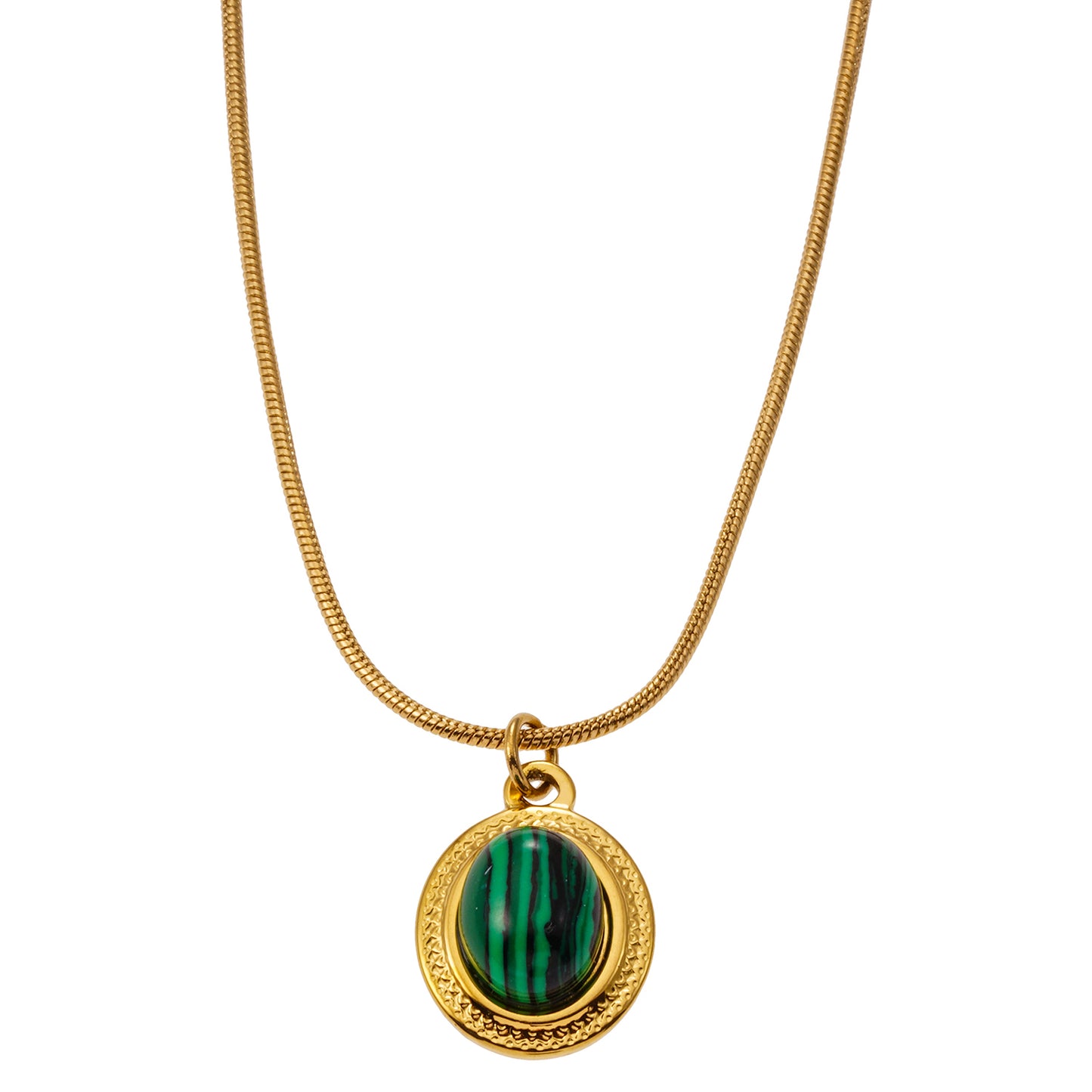 KRISTOS: Vintage Inspired Snake Skin Chain anchoring a Malachite Oval Pendant