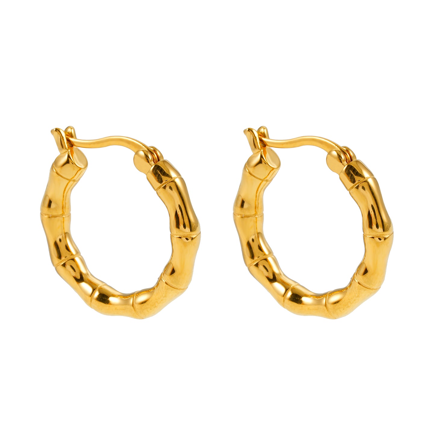 METIOS: Bamboo Textured Hoop Earrings in Gold