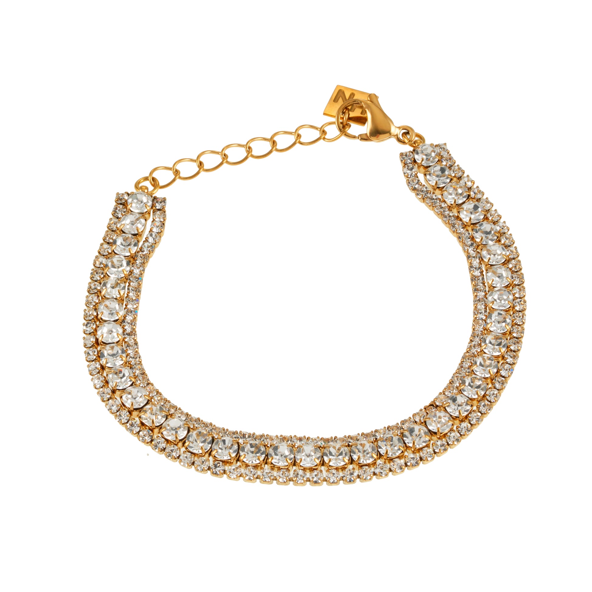 NANDAMA Gold: Pre-Layered & Stacked for Glamour - Three-Row Zirconia (CZ) Tennis Bracelet with Bold Centerpiece