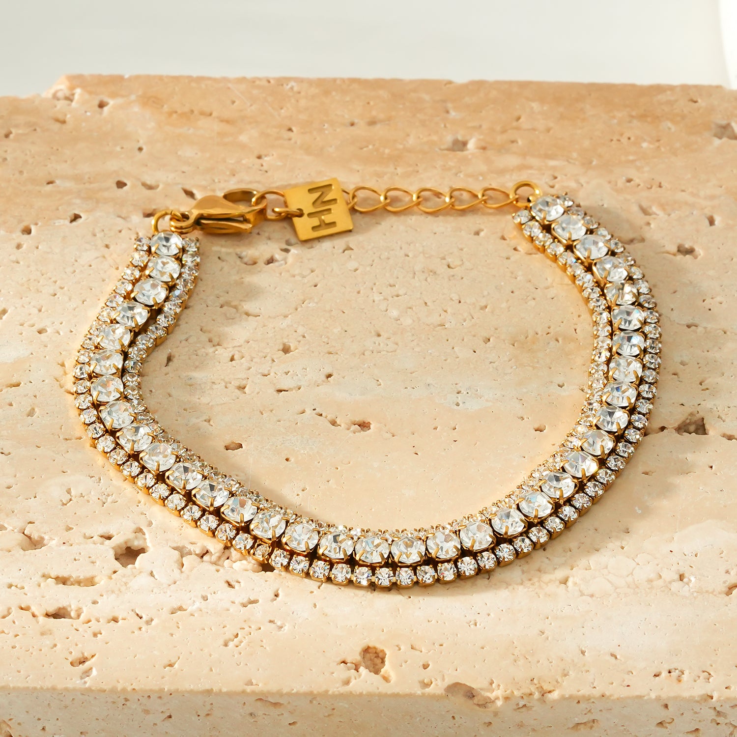 NANDAMA Gold: Pre-Layered & Stacked for Glamour - Three-Row Zirconia (CZ) Tennis Bracelet with Bold Centerpiece