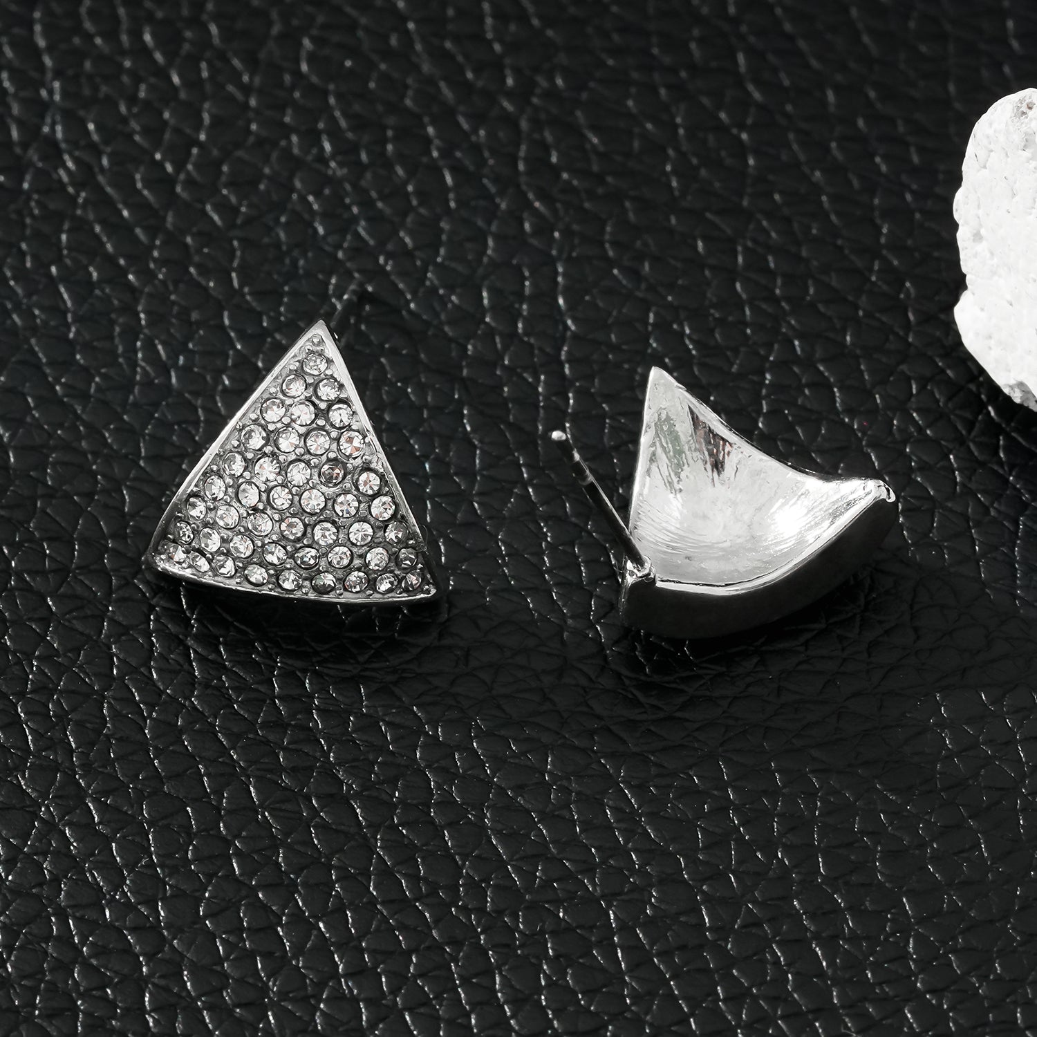 OTARU White Gold (Silver Toned): Pavé Zirconia (CZ) Triangle Shaped Stud Earrings.