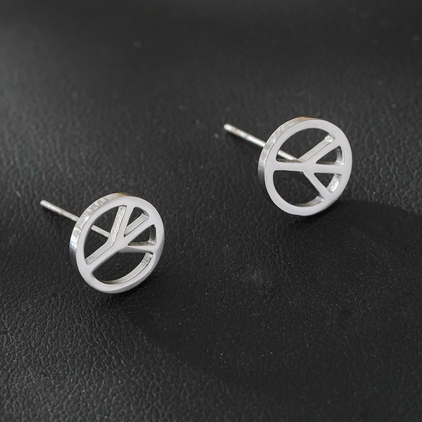 PEACE Logo Stud Earrings in Silver Tone (White Gold)