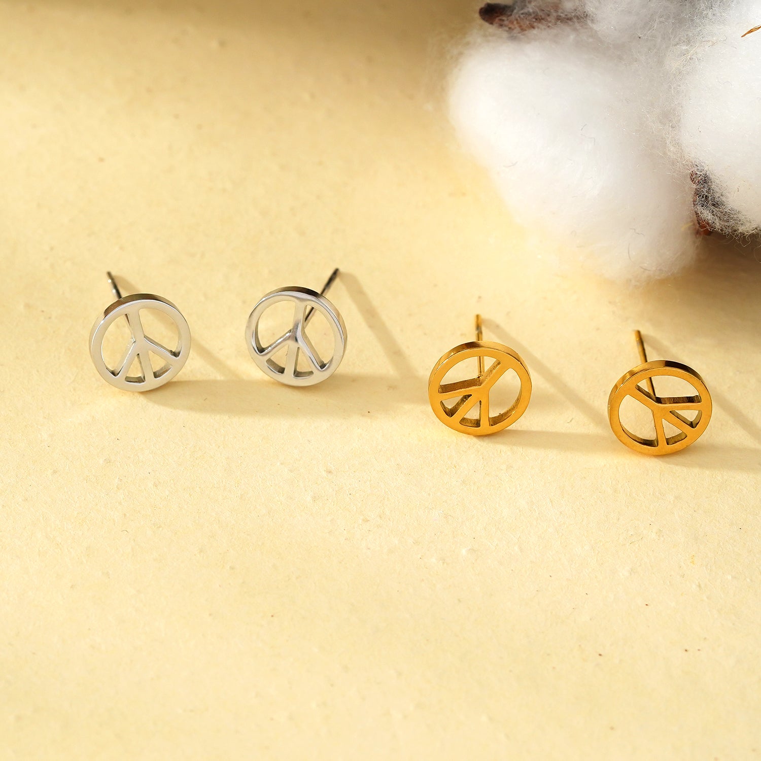 PEACE Logo Stud Earrings in Silver Tone (White Gold) & Gold