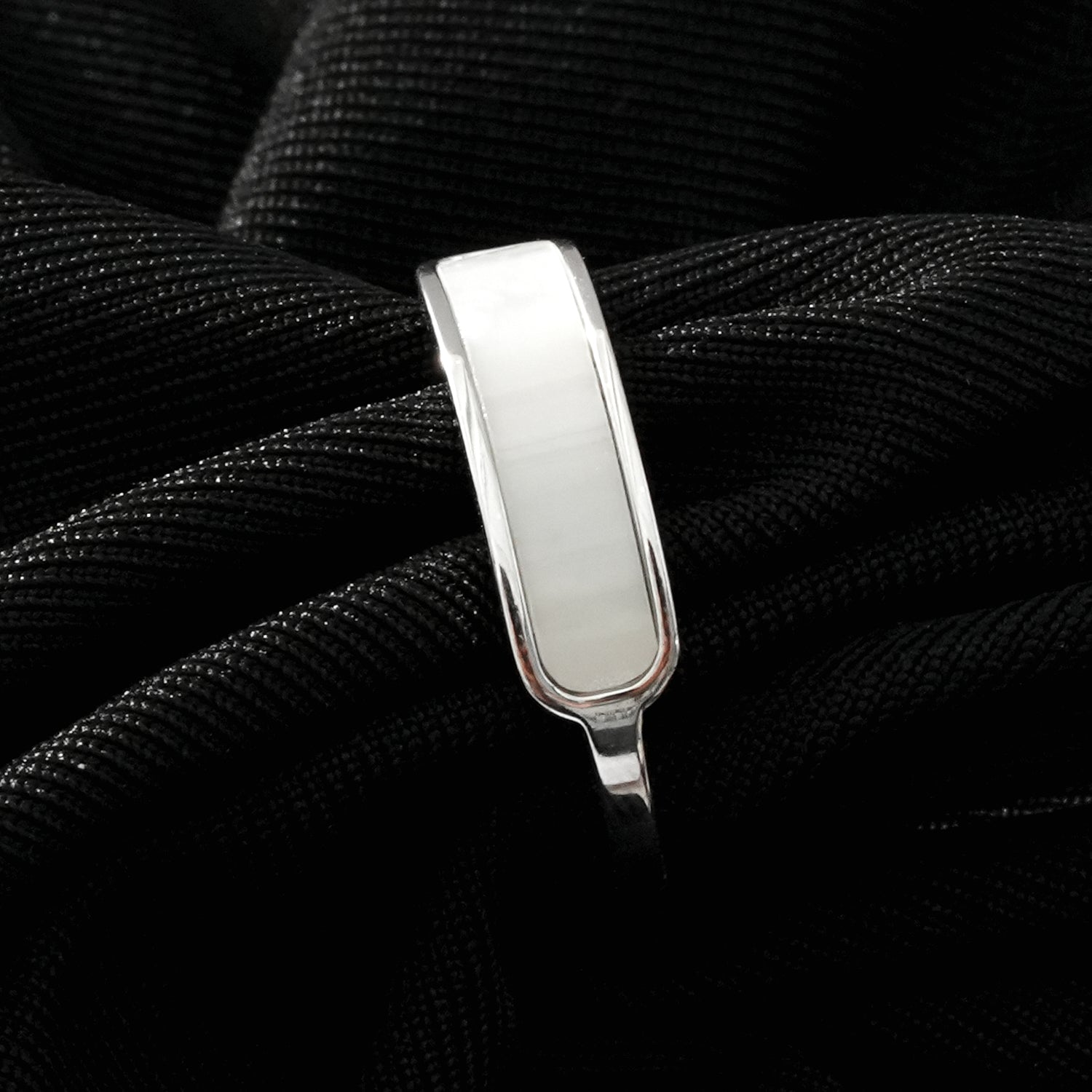 PEILLON White Gold (Silver Toned): Modern Minimalist Natural Shell Band Inset Ring