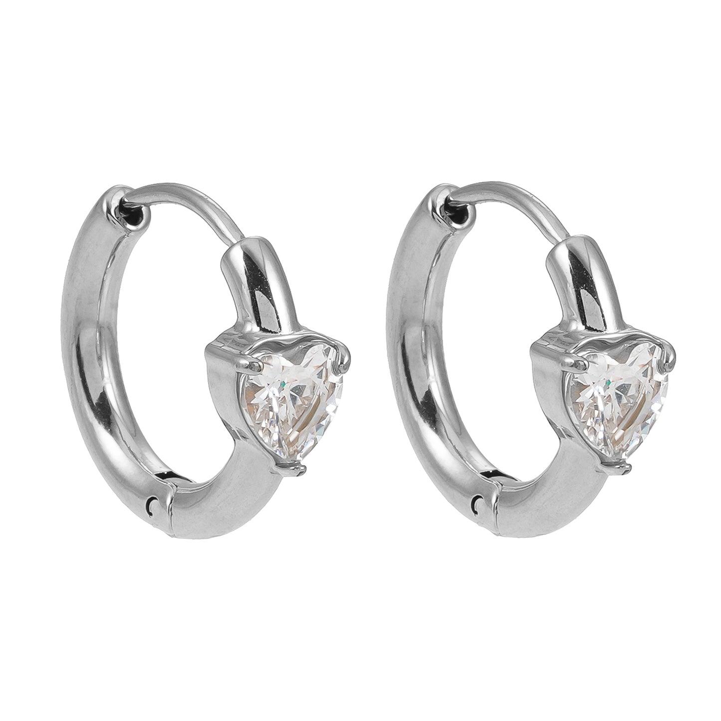 Style PELLE White Gold (Silver Toned) : Mini Hoop Gold Earrings with Heart Shaped Moissanite