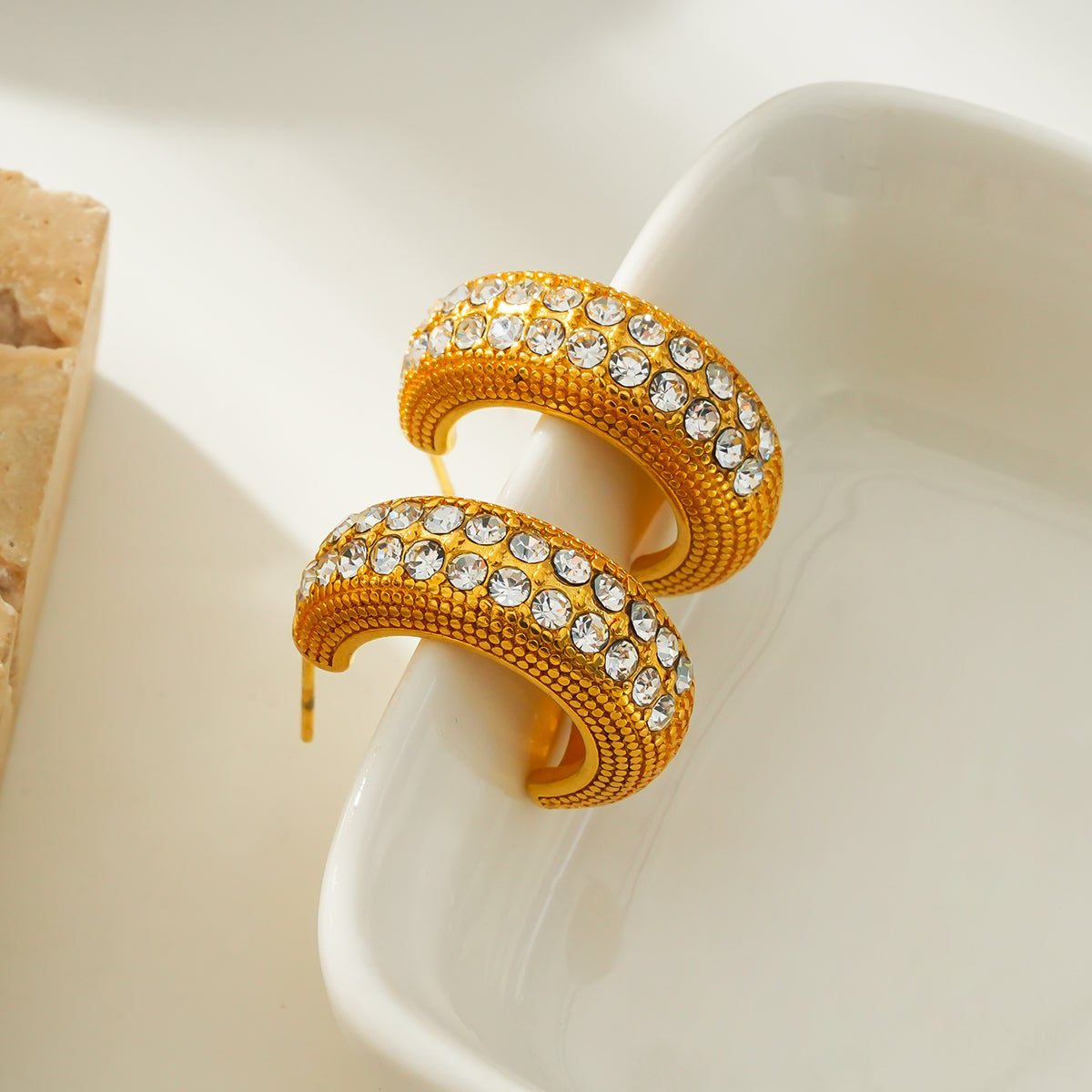 RANI Gold: Textured Pavé Zirconia (CZ) Mini Hoop Earrings