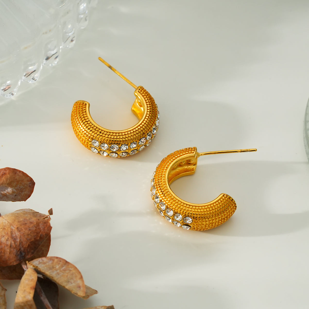 RANI Gold: Textured Pavé Zirconia (CZ) Mini Hoop Earrings