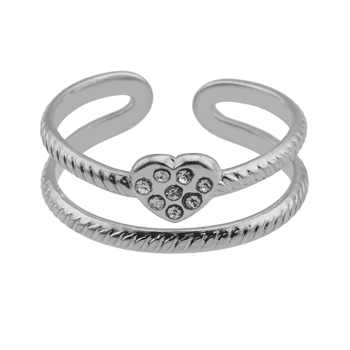 RENEE Silver Toned White Gold: Double Stacked Zirconia (CZ) Embellished Heart Ring