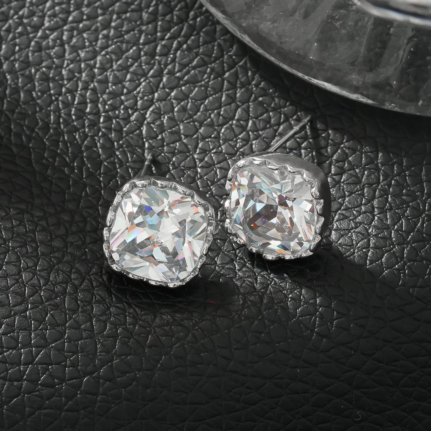 RICCA Silver: Moissanite (Diamond Alternative) Square Shaped Ornate Cased Essential Daily Studs.