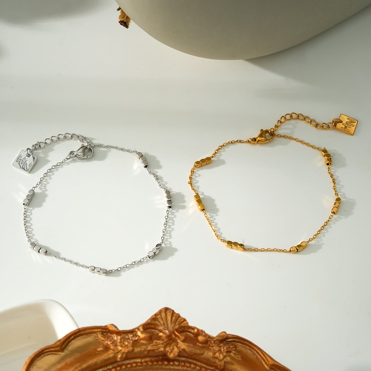 RITIKA: Tiny Square-Beads Dainty Chain Bracelet in White Gold (Silver Toned) & Gold