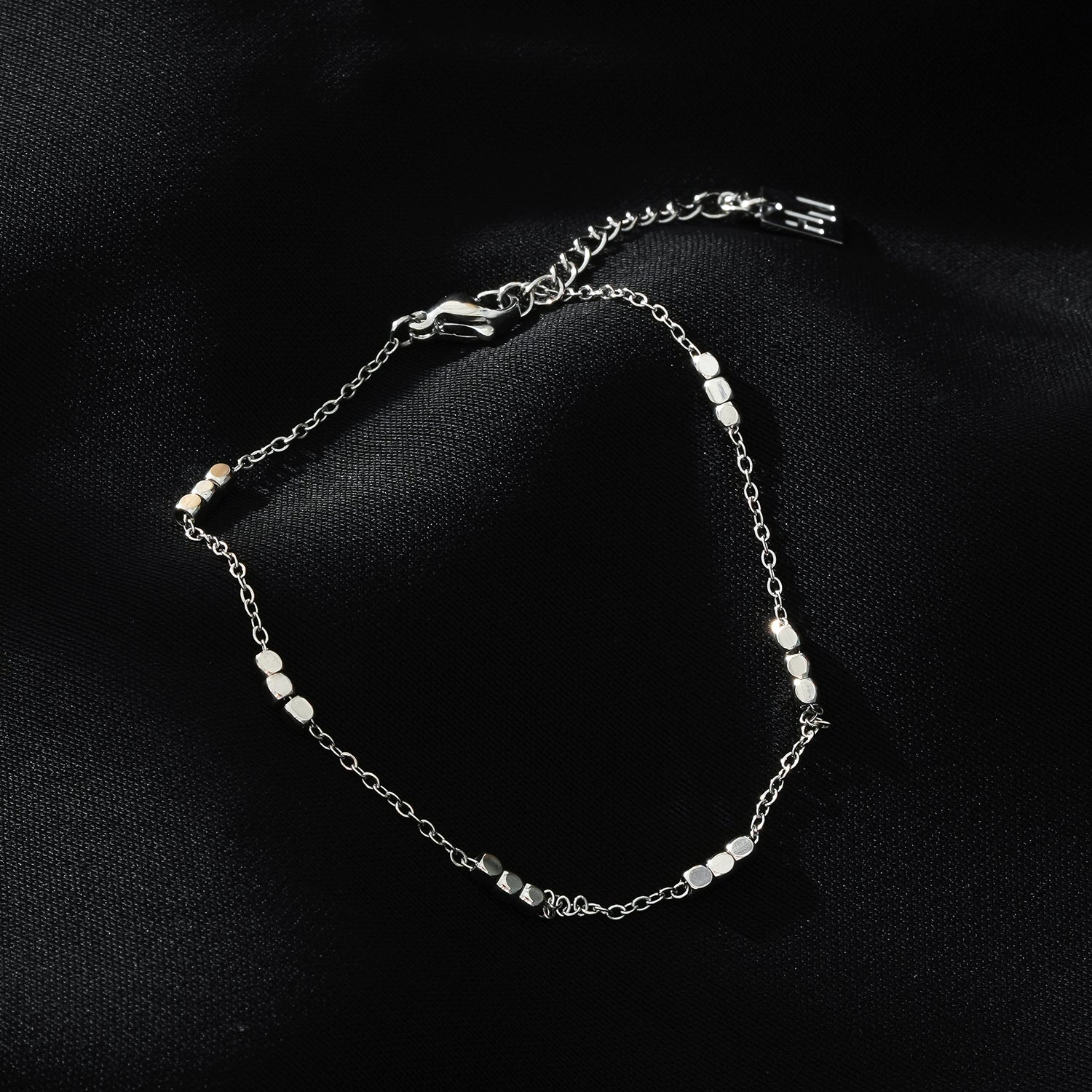 RITIKA: Tiny Square-Beads Dainty Chain Bracelet in White Gold (Silver Toned)