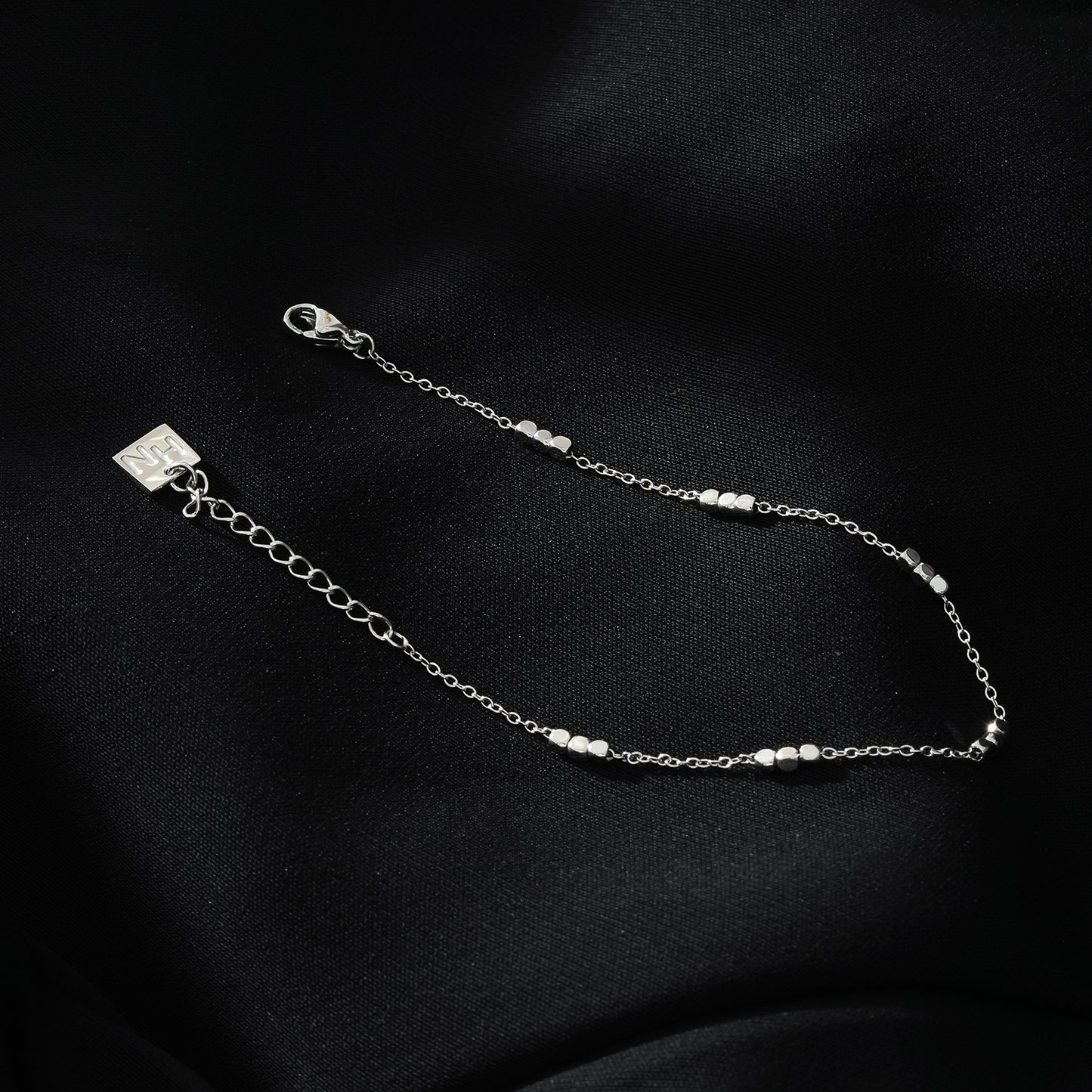 RITIKA: Tiny Square-Beads Dainty Chain Bracelet in White Gold (Silver Toned)