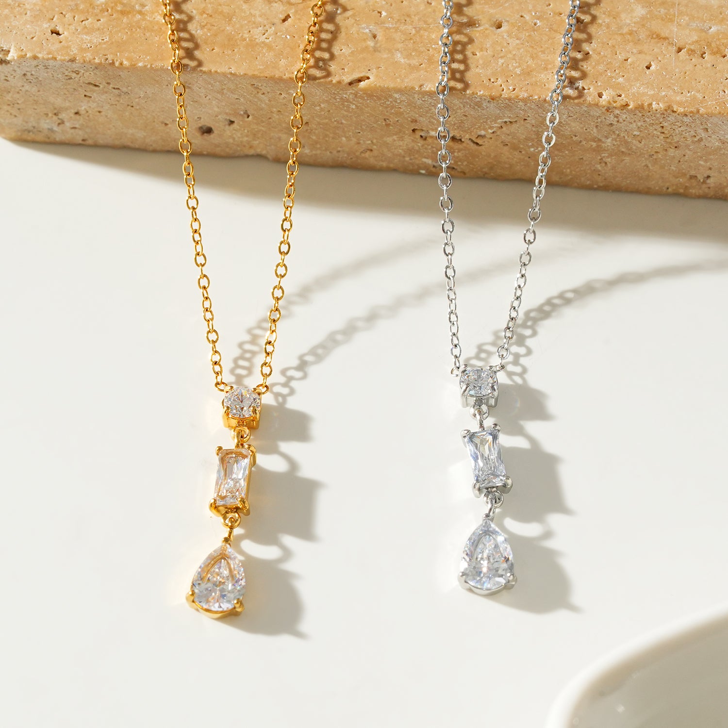 Style ROCHINA Gold & Silver:  A Trio of Zirconia Charms Pendant Chain Necklace