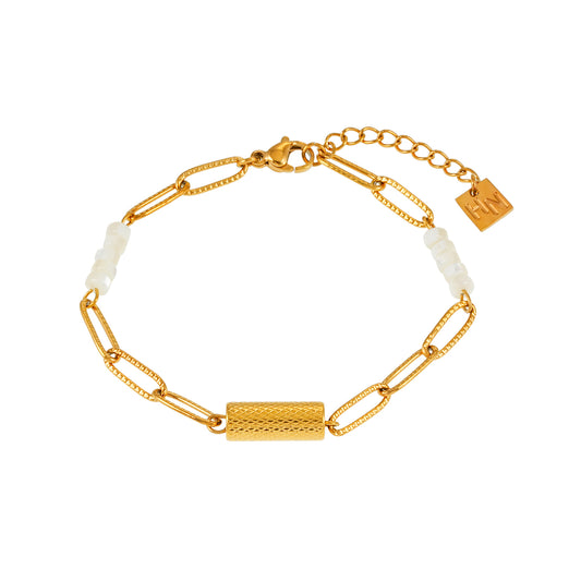 SEDONA Bracelet: Natural Shell & Gold Paper-Clip Chain Combination with an Art Deco Pendent